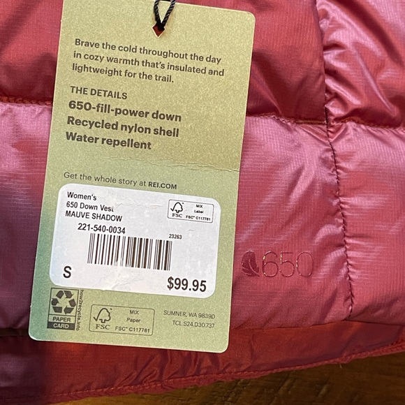 REI Women’s 650 fill power down mauve shadow vest water repellant small - Picture 7 of 7